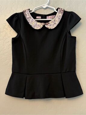 Baker by Ted Baker girls black peplum top  rose gold sequin peter pan collar 8
